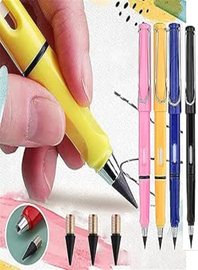 SWOPPLY 4PCS Inkless Pencil Reusable Everlasting Pencil Eraser Colorful Pencils Forever Metal Writing Pens Graphite Nib Triangle Golf Stationary Sketch Book Writing Drawing